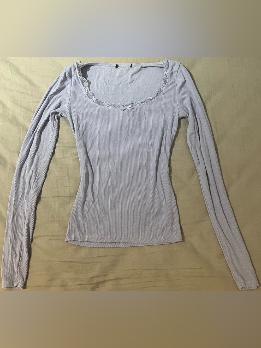 Women's Light Blue Lace-Trim Long Sleeve, Scoop Neck Tee